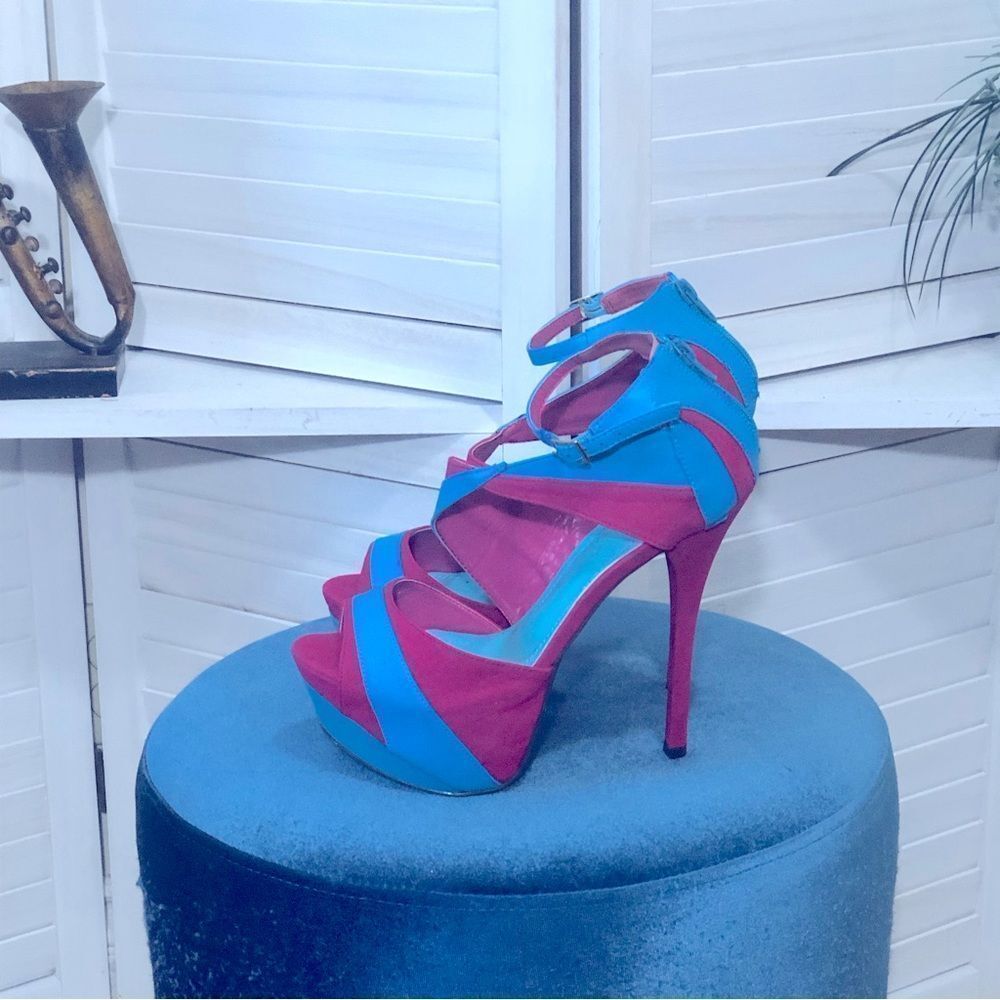 NWOT Liliana vegan leather teal blue and hot pink 6” heel platform sandals sz 9 - Picture 3 of 10